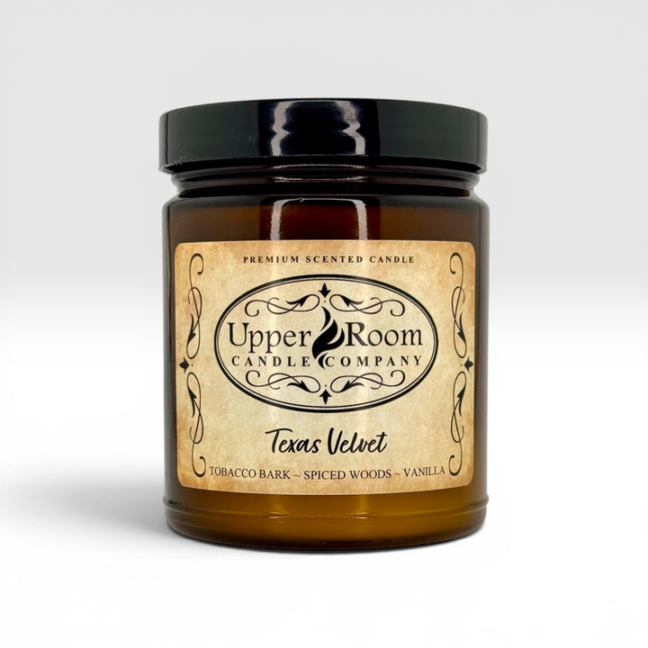Texas Velvet Candle single wick in amber jar high fragrance load candle, soy blend