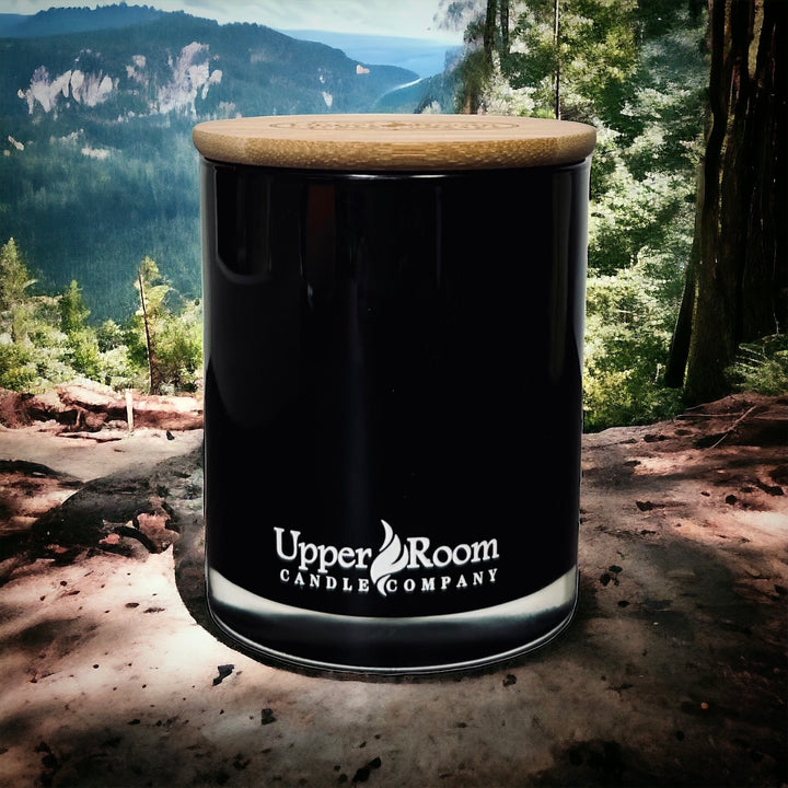 Timber & Trail candle in a double wick black jar from upper room candle company