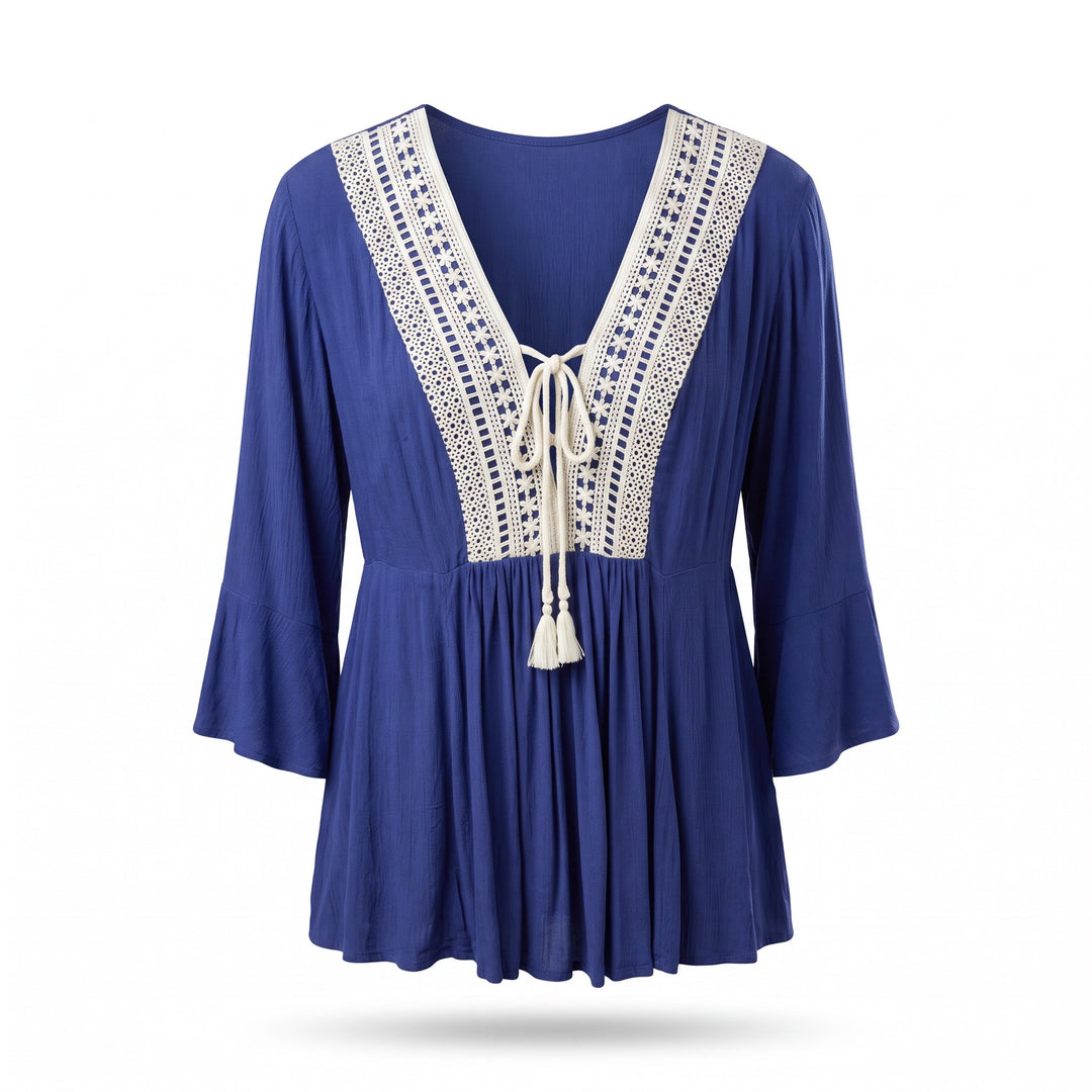 Blue Crochet Trim Bell Sleeve Top - Size 1XL
