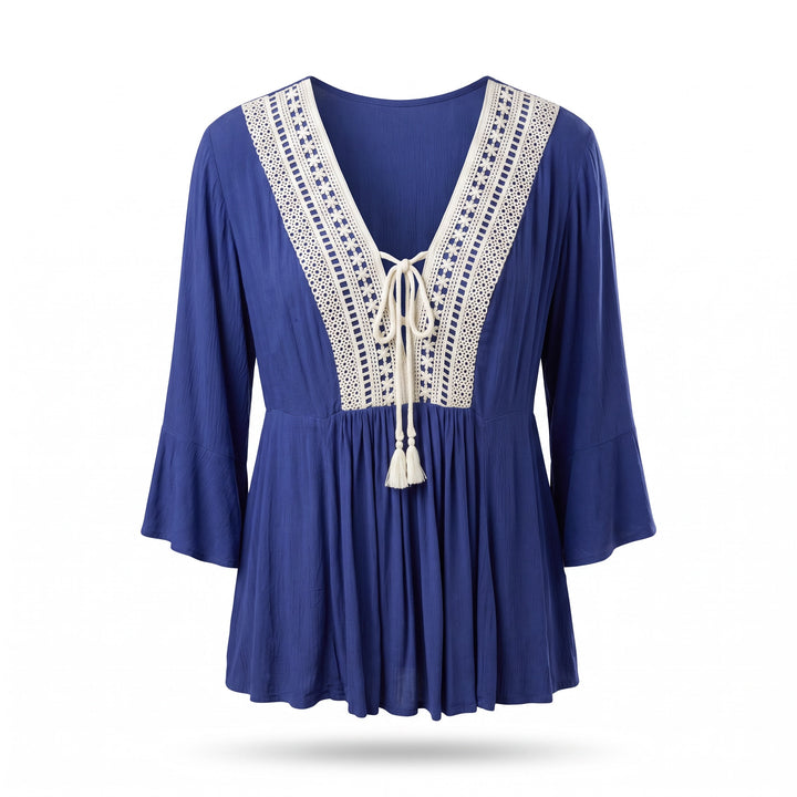 Blue Crochet Trim Bell Sleeve Top - Size 1XL