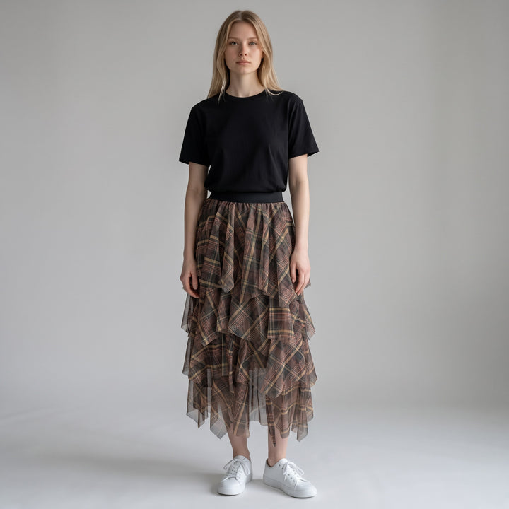 Plaid Tiered Tulle Skirt