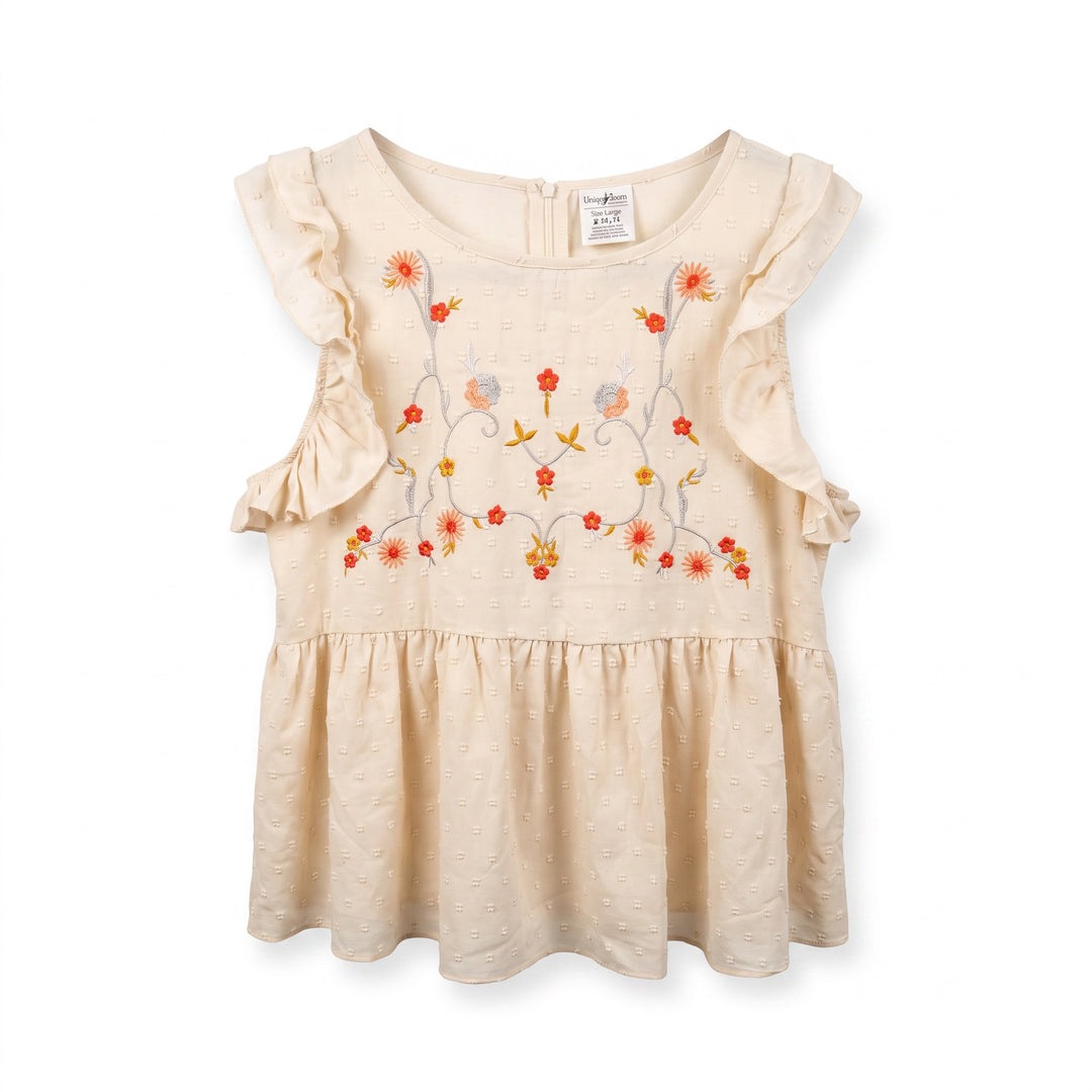 Embroidered Ruffle Sleeve Peplum Top
