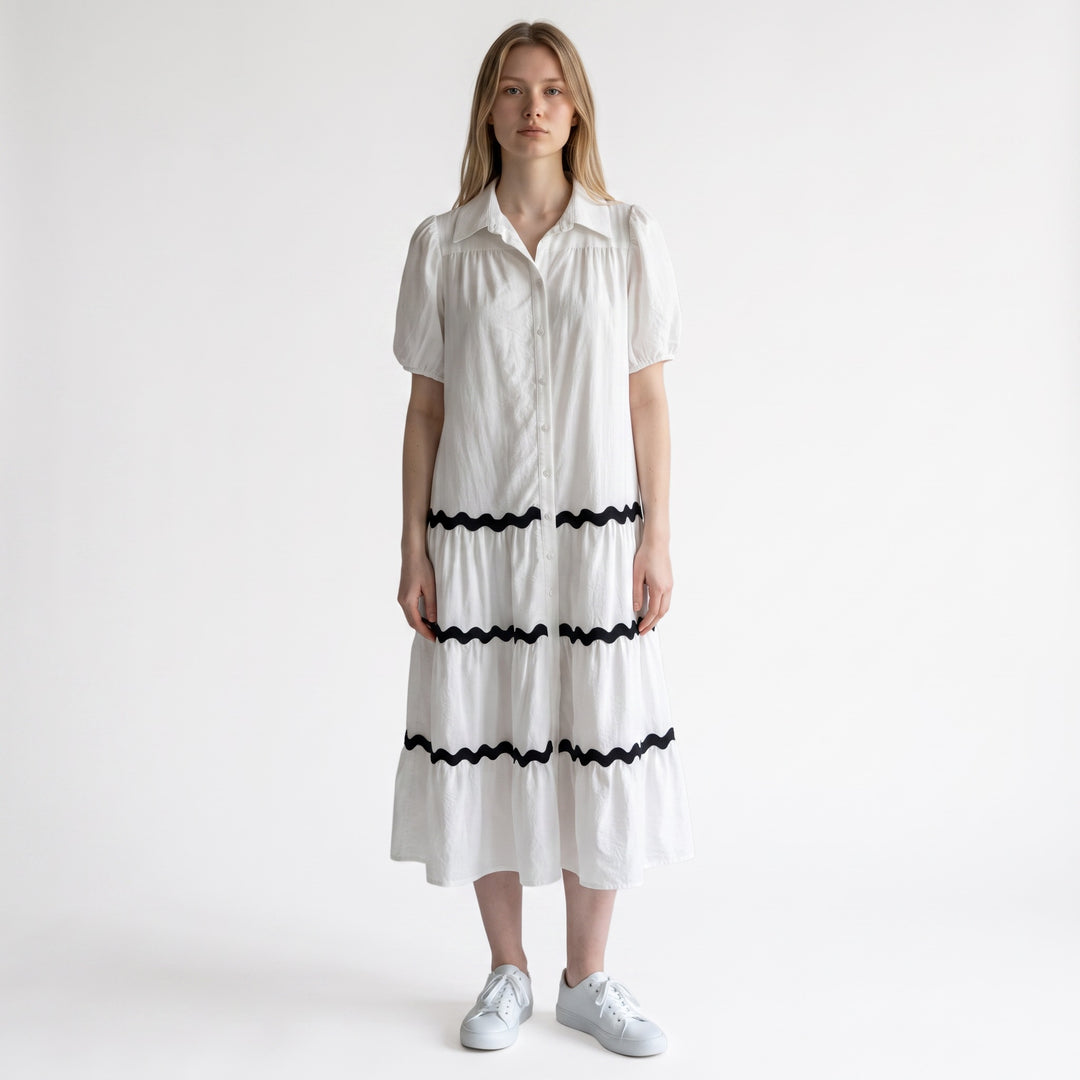 White Button-Front Ric Rac Midi Dress