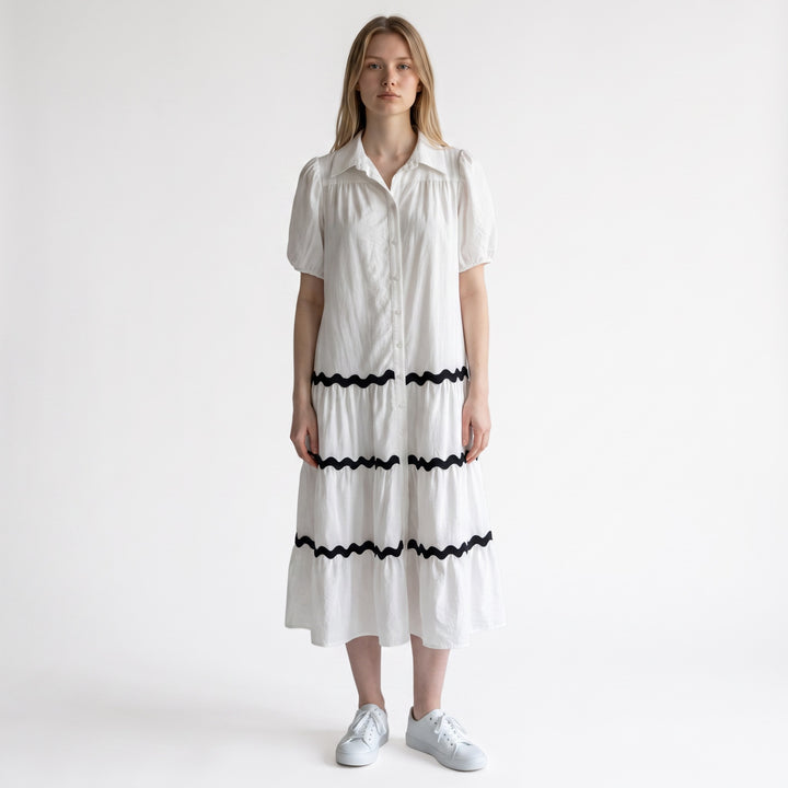 White Button-Front Ric Rac Midi Dress