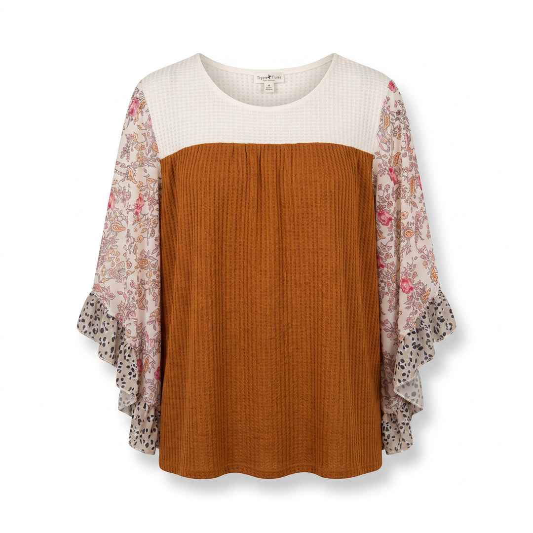 Mixed Print Ruffle Sleeve Top