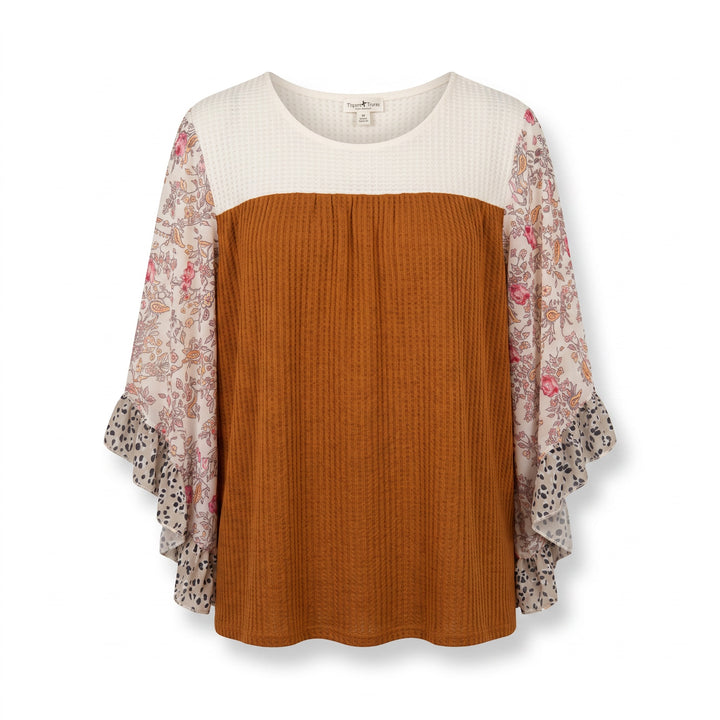 Mixed Print Ruffle Sleeve Top