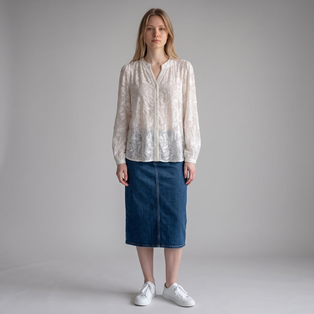 White Embroidered Floral Button-Up Blouse