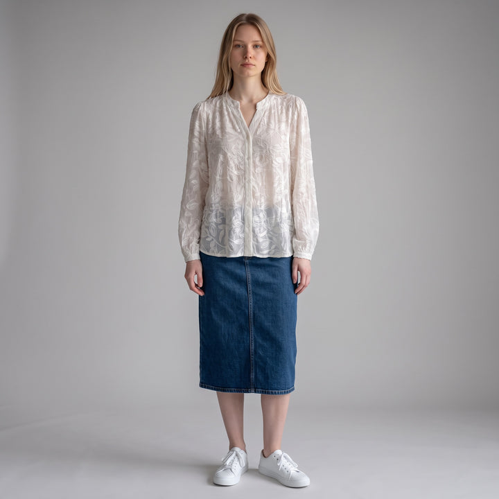 White Embroidered Floral Button-Up Blouse