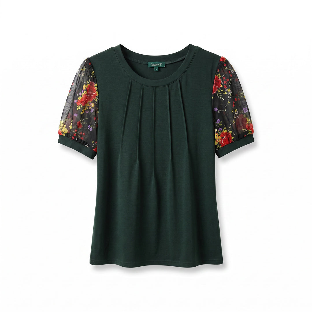 Green Floral Sleeve Pleated Top