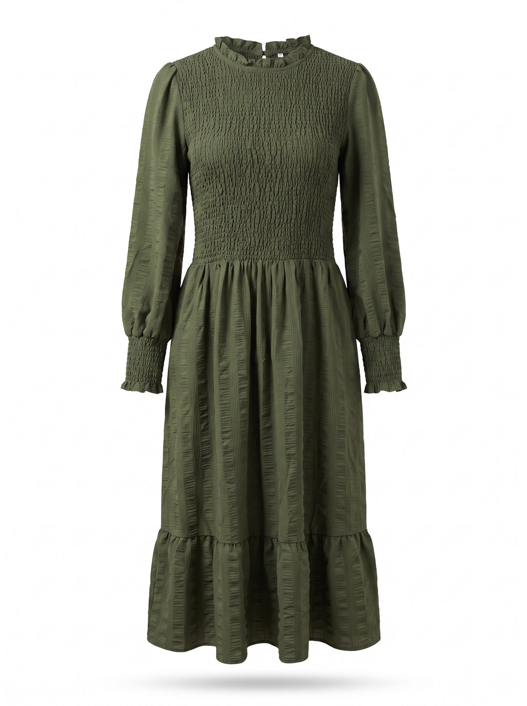 Olive Smocked Long Sleeve Midi Dress - Size XL