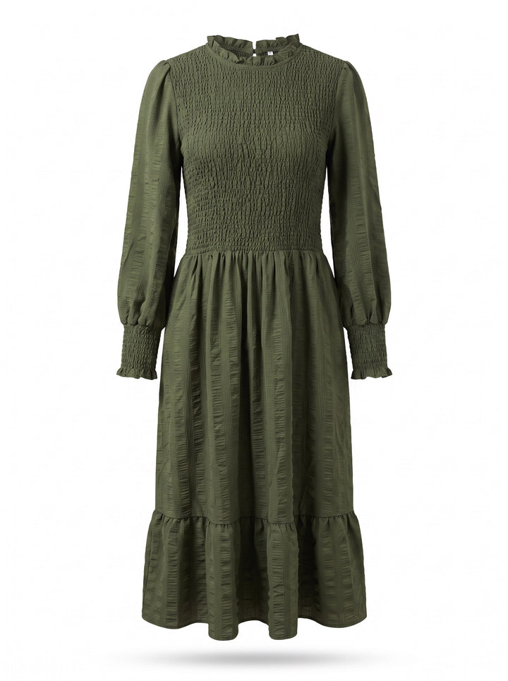 Olive Smocked Long Sleeve Midi Dress - Size XL