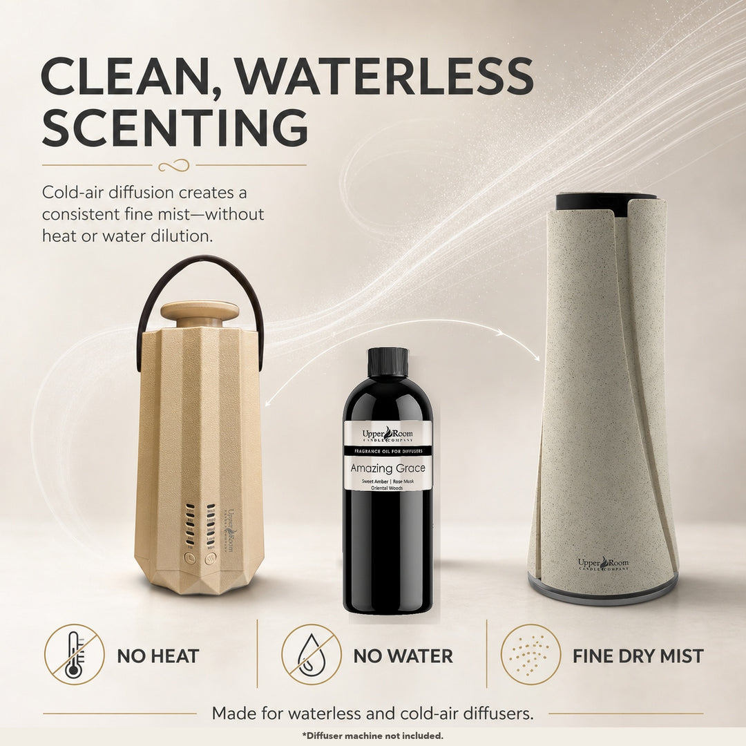 Promotional graphic for a diffuser oil, featuring a beige diffuser, a black bottle of Amazing Grace fragrance oil, and a beige diffuser container on a light beige background with text highlighting clean, waterless scenting.