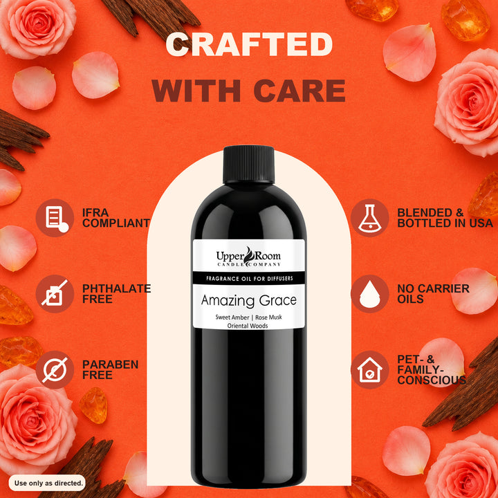A bottle of Upper Room Scents 'Amazing Grace' fragrance oil centered on a bright orange background with decorative roses, cinnamon sticks, and text callouts about compliance, carrier oils, and pet safety.
