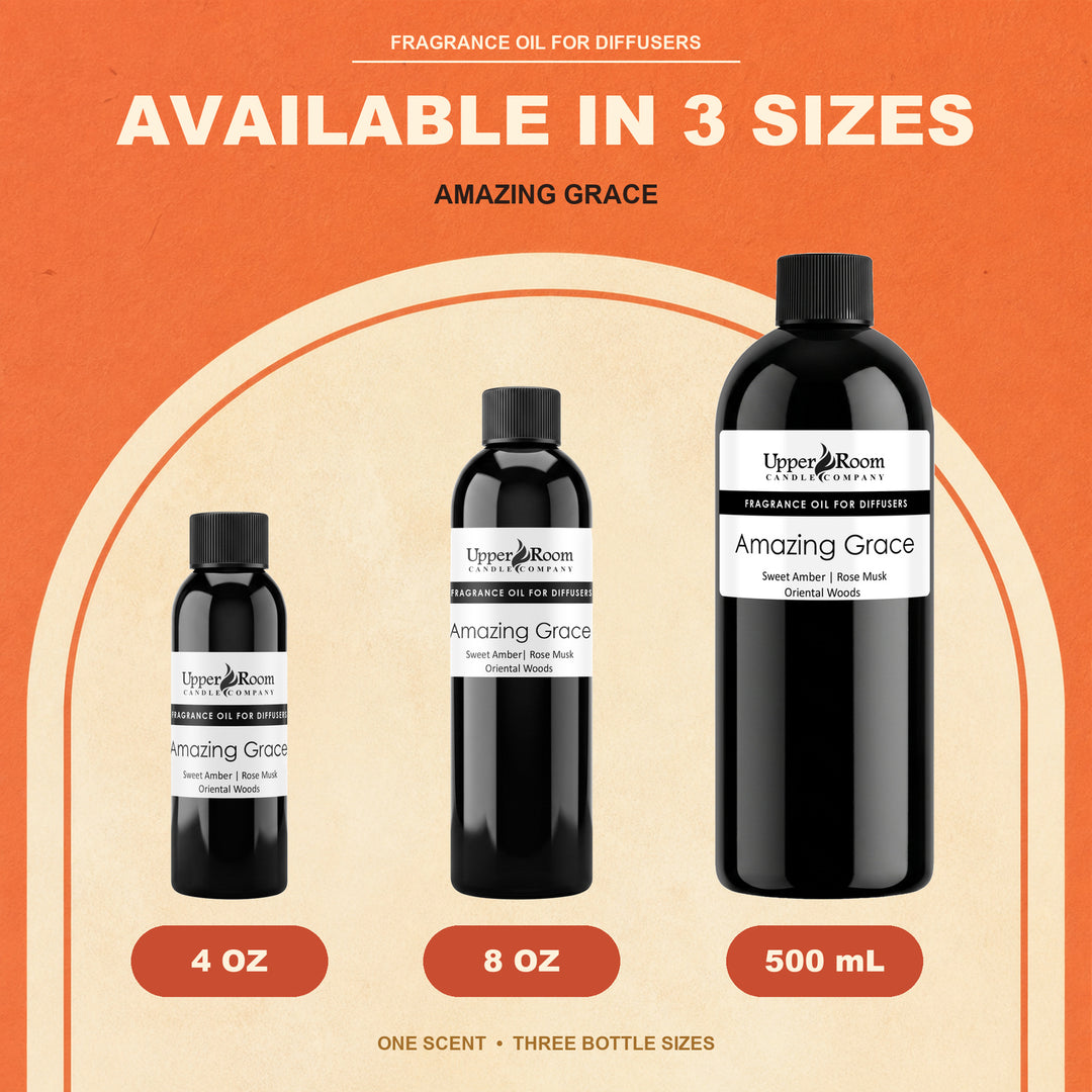 Three bottles of Upper Room Scents 'Amazing Grace' fragrance oil shown in 4 oz, 8 oz, and 500 mL sizes against an orange and beige promotional background.