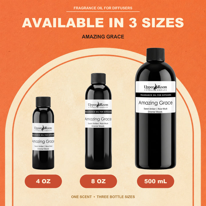 Three bottles of Upper Room Scents 'Amazing Grace' fragrance oil shown in 4 oz, 8 oz, and 500 mL sizes against an orange and beige promotional background.