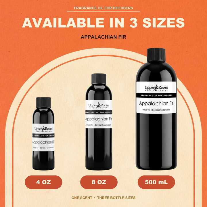 Appalachian Fir diffuser oil in three sizes: 4oz, 8oz, and 16.9oz