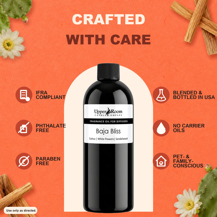 A bottle of Upper Room Apothecary 'Baja Bliss' fragrance oil for diffusers, set against a warm orange background with decorative botanical elements and text highlighting product benefits.