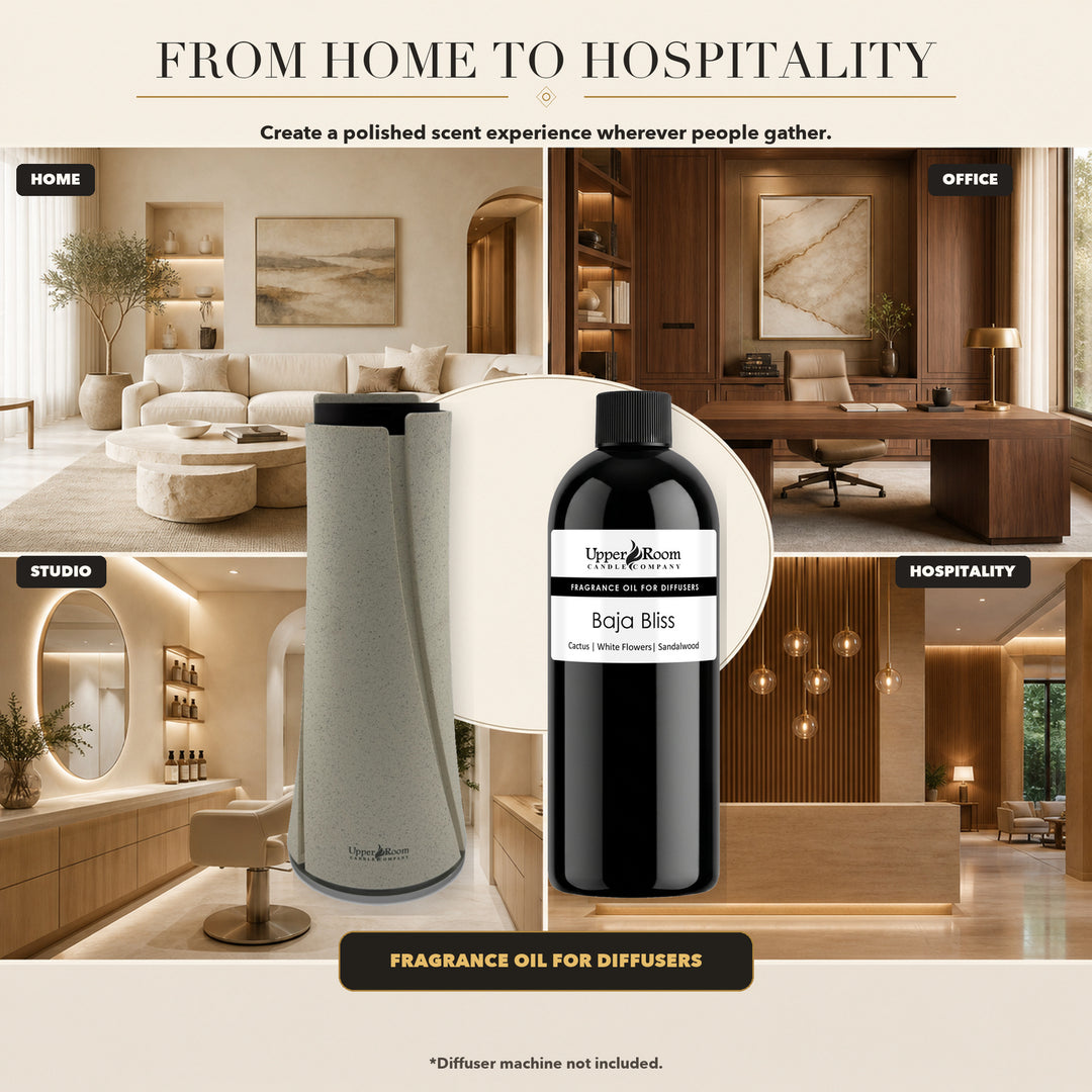 A promotional collage for a fragrance oil, featuring a black bottle labeled 'Baja Bliss' and a light gray diffuser machine in a modern interior setting. Text reads 'FROM HOME TO HOSPITALITY' and 'FRAGRANCE OIL FOR DIFFUSERS,' with room scenes labeled Home, Office, Studio, and Hospitality.