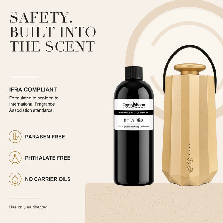 A bottle of Upper candle company 'Baja Bliss' diffuser oil next to a gold electric diffuser, with marketing text on a beige background.