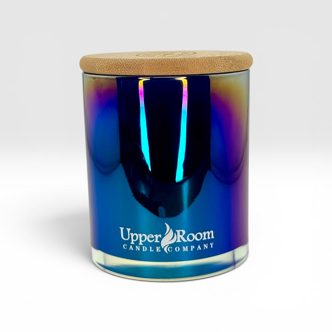 double wick pearl blue Candle jar and wooden lid on a white background, featuring the 'Upper Room Candle Company' logo.