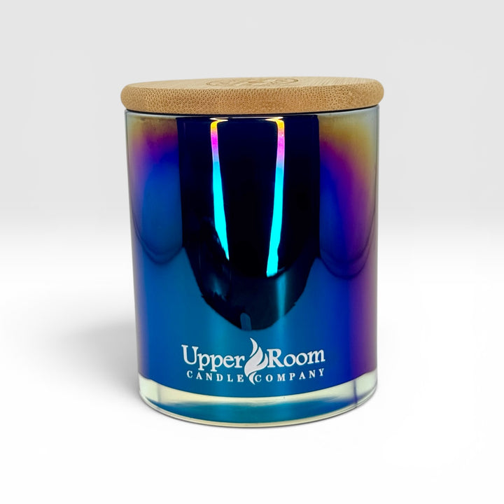 double wick pearl blue Candle jar and wooden lid on a white background, featuring the 'Upper Room Candle Company' logo.