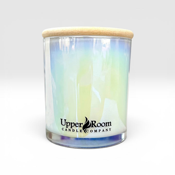 double wick pearl white Candle in a glass jar with a wooden lid on a white background, featuring the 'Upper Room Candle Company' logo.