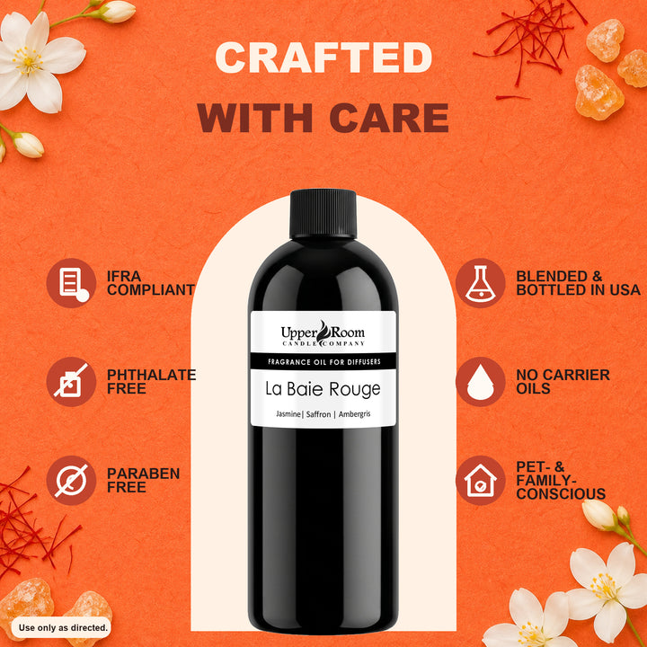 A bottle of Upper Room Candle Co. La Baie Rouge fragrance oil for diffusers, presented on a textured orange background with decorative white flowers and text highlighting product features.