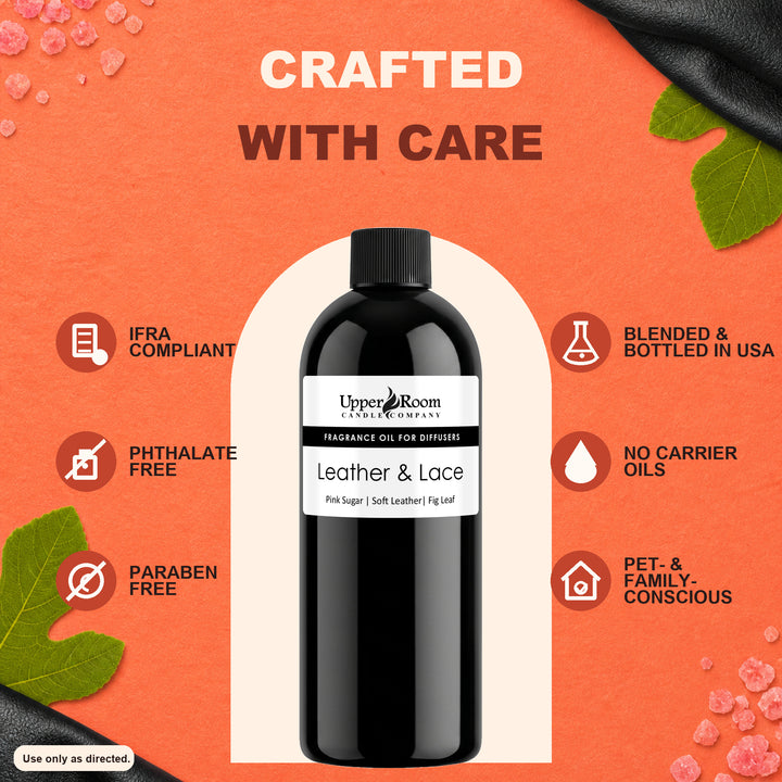 A bottle of Upper Room Studio diffuser fragrance oil labeled 'Leather & Lace' centered on an orange promotional background with text callouts and decorative leaves.