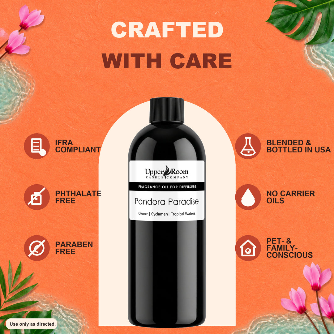 A bottle of Upper Room Scents Pandora Paradise fragrance oil centered on an orange graphic background with decorative leaves and text highlighting product benefits such as IFRA compliance, phthalate-free, paraben-free, blended and bottled in USA, no carrier oils, and pet- and family-conscious.