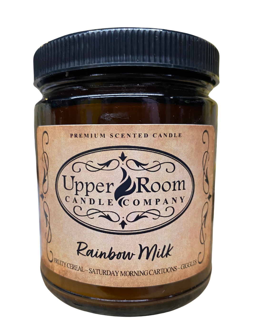 rainbow milk candle in a single wick amber jar from upper room candle company 