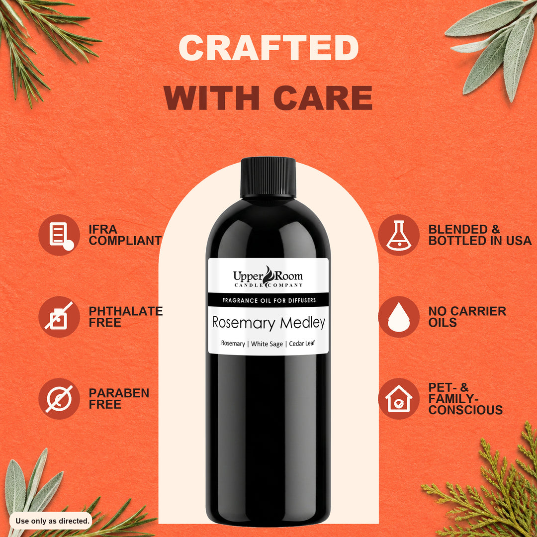 A bottle of Upper Room Studio Rosemary Medley fragrance oil centered on an orange graphic background with decorative leaves and text highlighting product benefits.