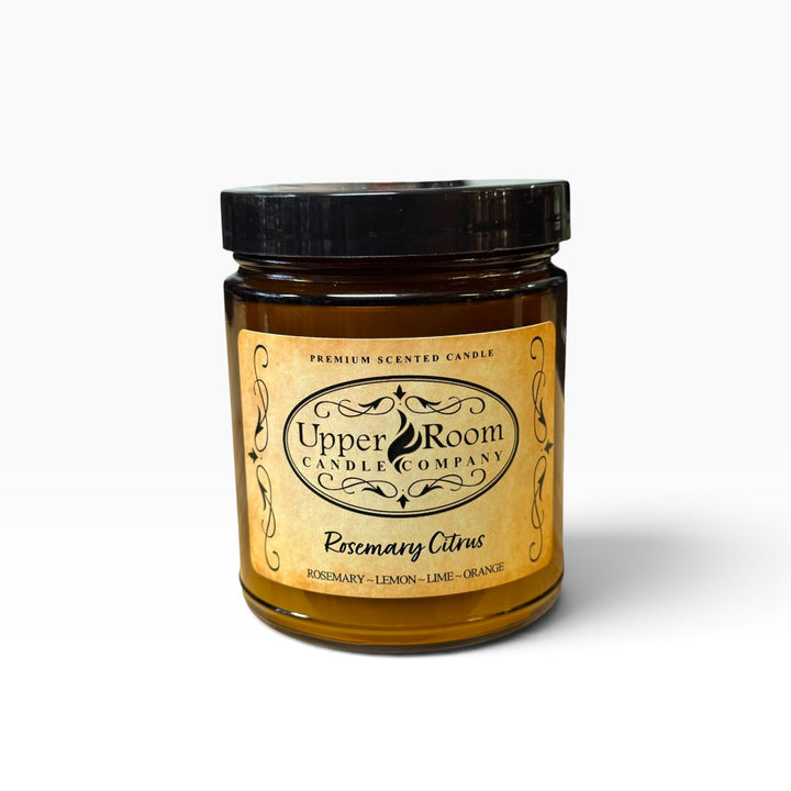 single wick amber jar Rosemary Citrus hand-poured soy wax blend candle by Upper Room Candle Company in an amber jar with black lid, featuring rosemary, eucalyptus, lemon, lime, sage and cedar for a fresh herbal citrus scent.