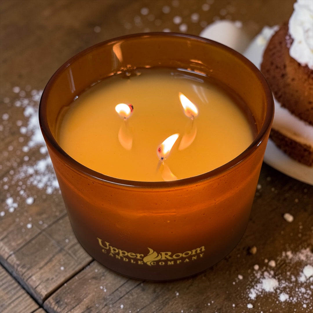 Whiskey cake candle, official whiskey cake candle, soy blend candle, hand poured candle, frosted amber jar, triple wick candle from upper room candle company