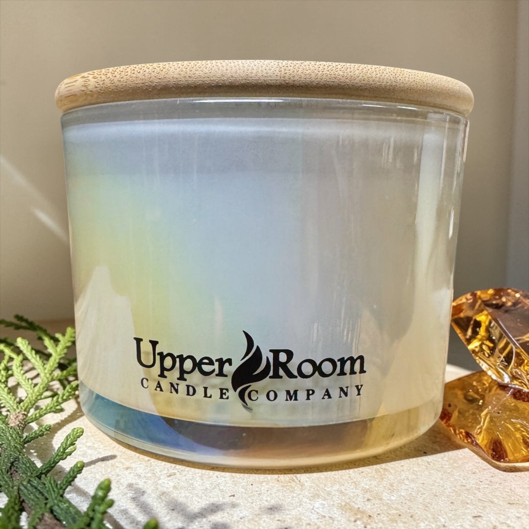 triple wick cedarwood & citrine candle, white pearl jar, upper room candle company 