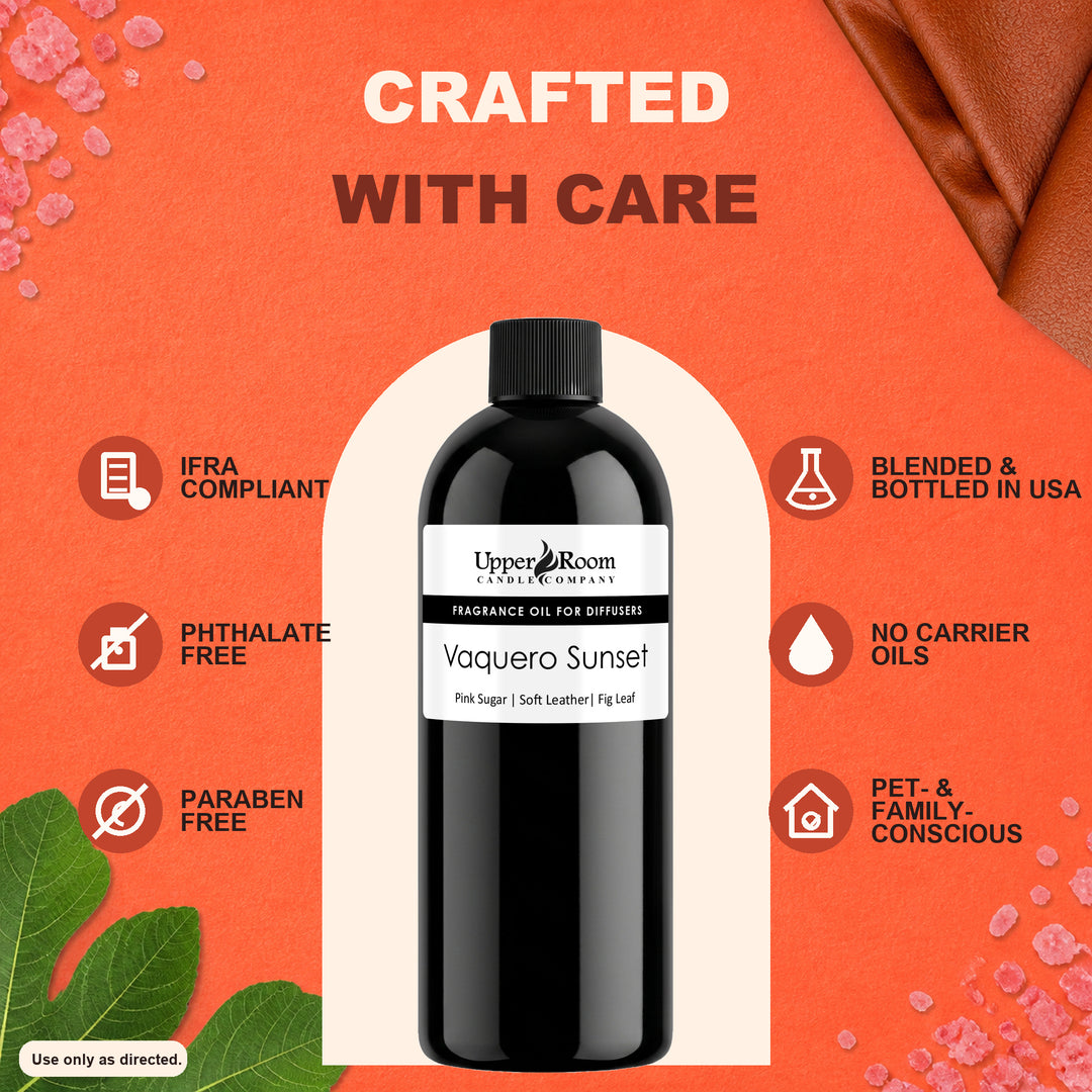 A bottle of Upper Room Scents 'Vaquero Sunset' pink sugar soft leather eucalyptus fragrance oil for diffusers, presented on a vibrant orange background with product feature callouts and a brown leather texture in the corner.