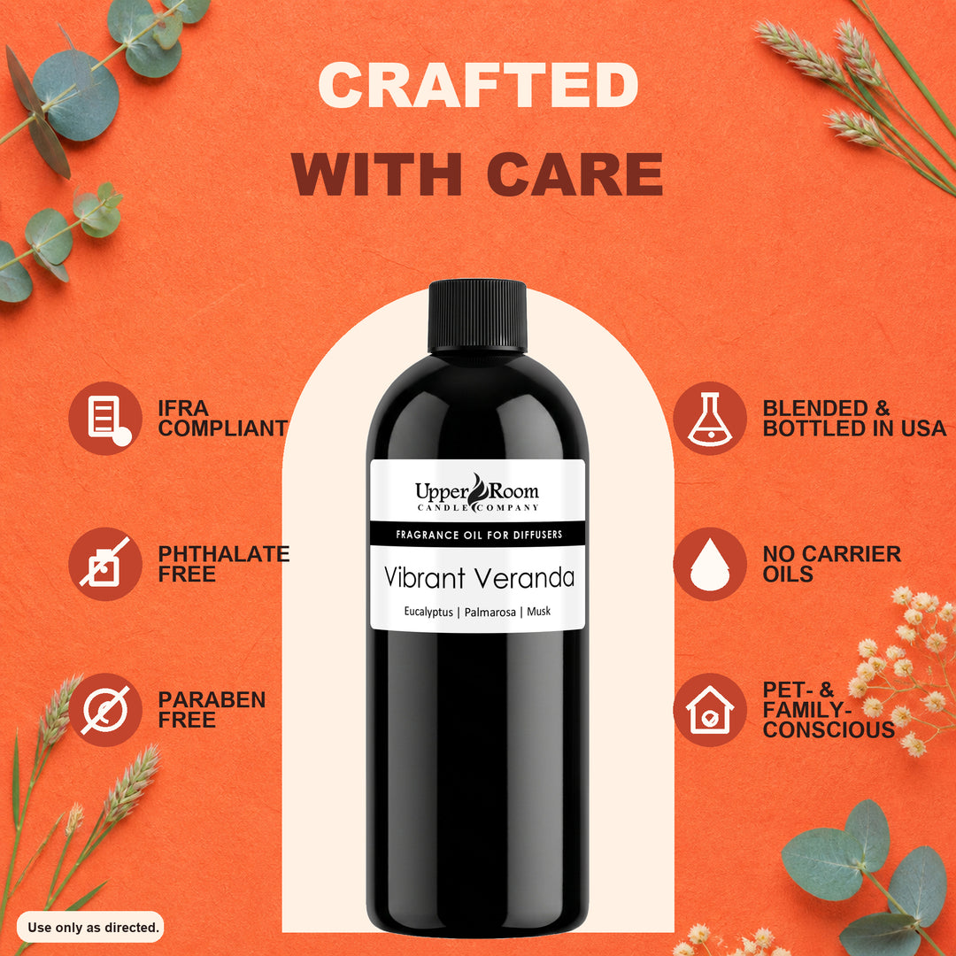 A bottle of Upper Room Scents 'Vibrant Veranda' fragrance oil centered on an orange background with decorative botanical elements and text highlighting product benefits.