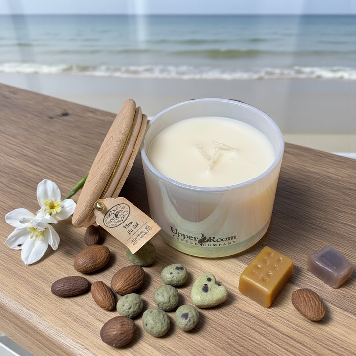 viva la sol candle, hand made 100% soy candle, in a triple wick pearl white candle jar from upper room candle company