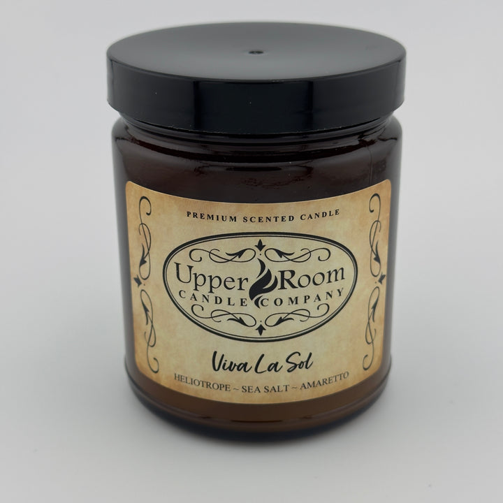viva la sol premium scented candle, hand made candle, 100% soy candle, single wick amber jar candle from upper room candle company