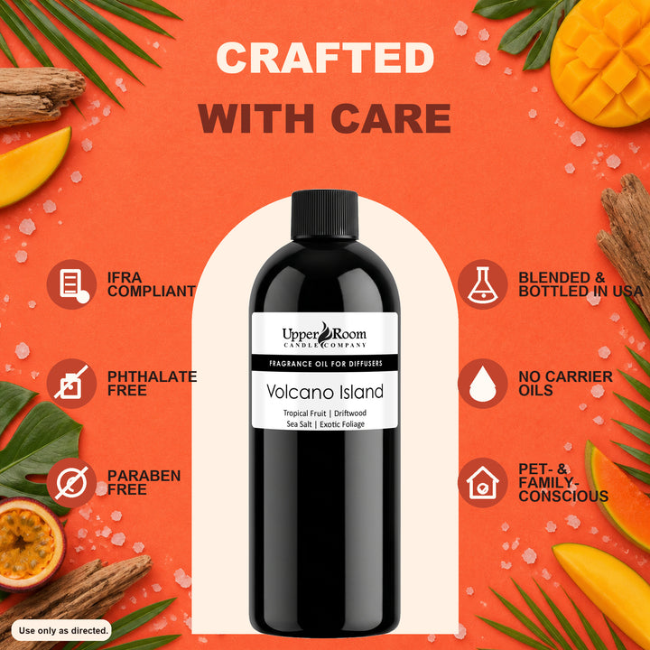 A bottle of Upper Room Scents 'Volcano Island' fragrance oil centered on a bright orange background with decorative fruit slices, cinnamon sticks, and text callouts about compliance, carrier oils, and pet safety.