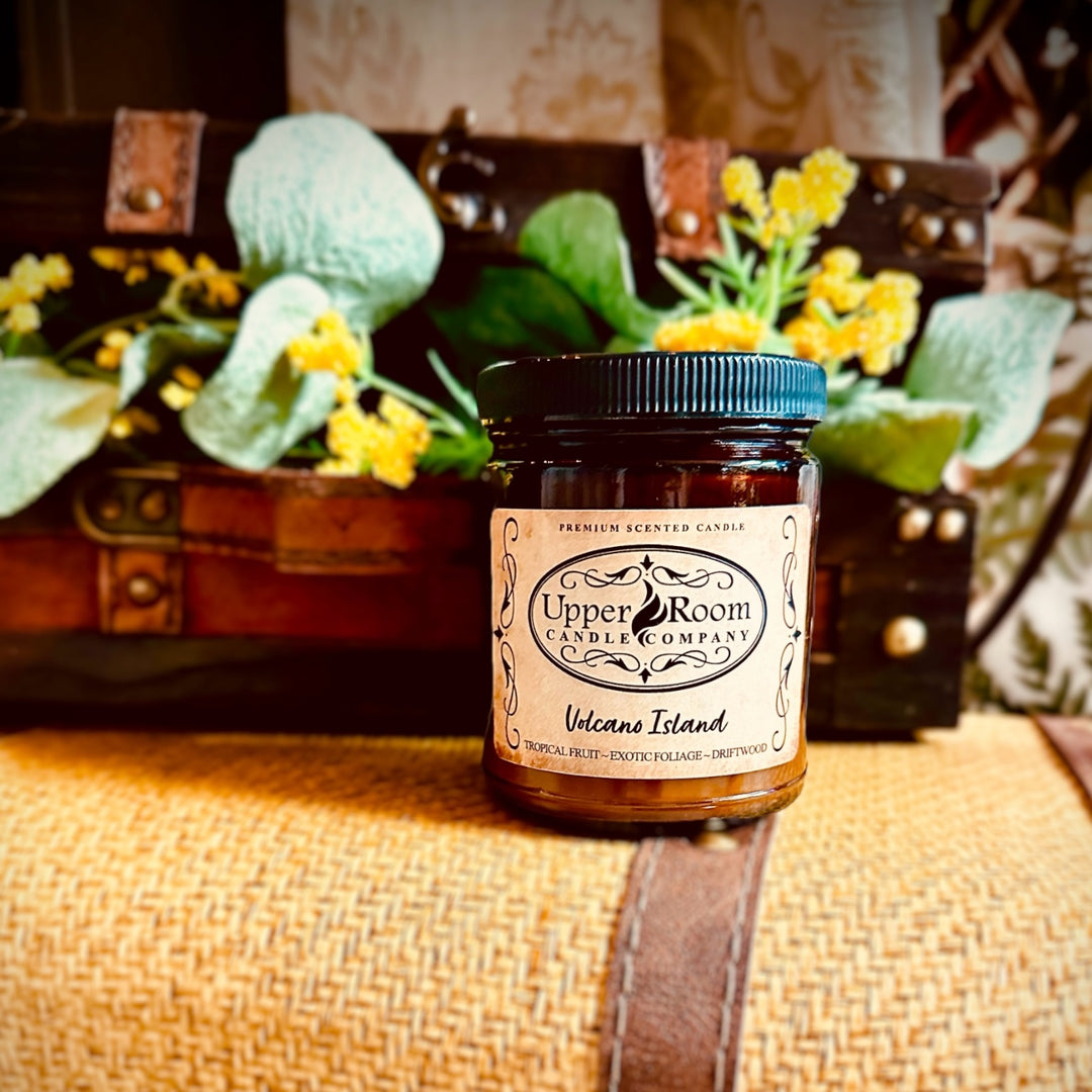 Volcano island candle, 100% soy candle, hand poured candle, premium scented candle, single wick amber jar candle from upper room candle company